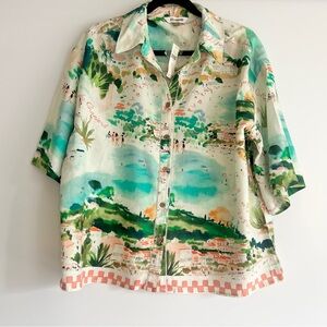 Celandine Linen Blend Buttondown Shirt Size Medium NWT in Coastal Mediterranean